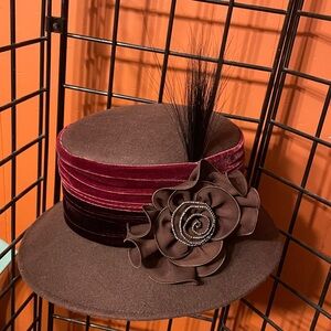 Elegant Brown Hat with Burgundy Velvet Band